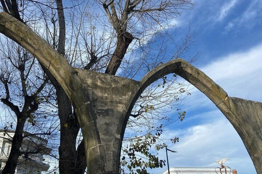 A large concrete arch structure amidst trees. 5