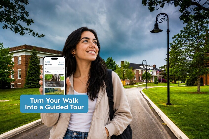 A person holding a smartphone displaying a tour app with a campus background. 2