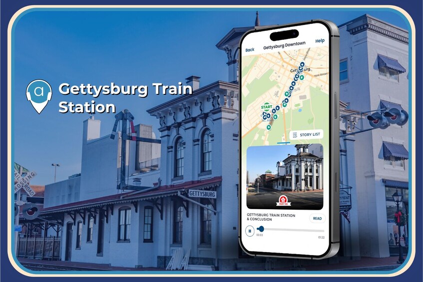 A smartphone displaying a map with a route from Gettysburg Train Station to Gettysburg Downtown. 4