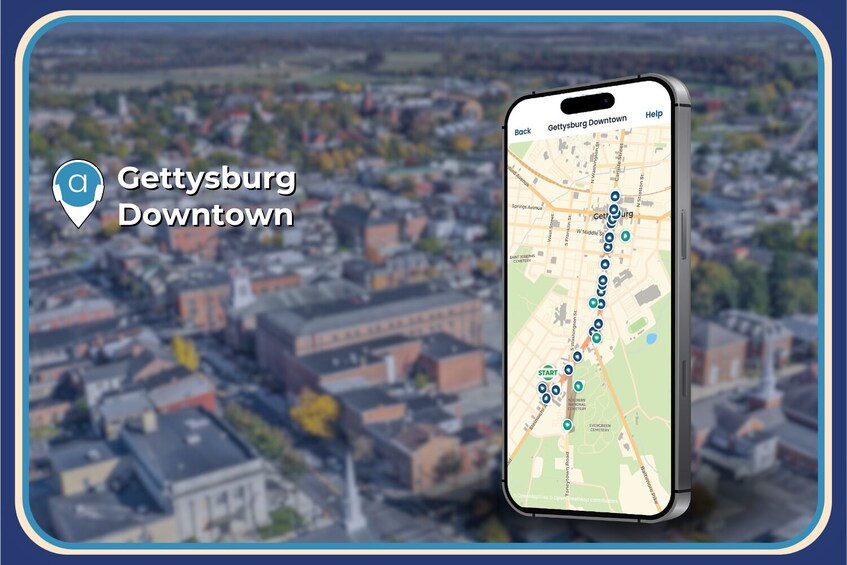 A smartphone displaying a map of Gettysburg Downtown with a highlighted route and a cityscape in the background. 3