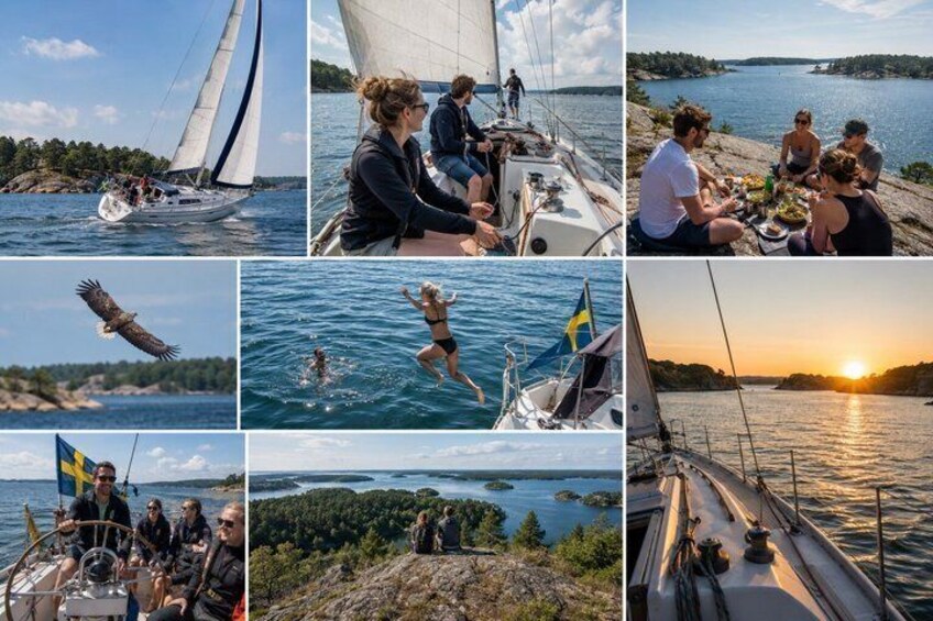 A sailboat on water, people on a boat, a sunset, and a forested area. 3