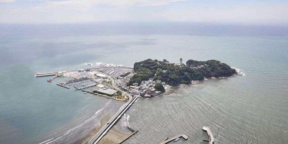 An aerial view of a coastal area with a small island, a pier, and a lighthouse. 3