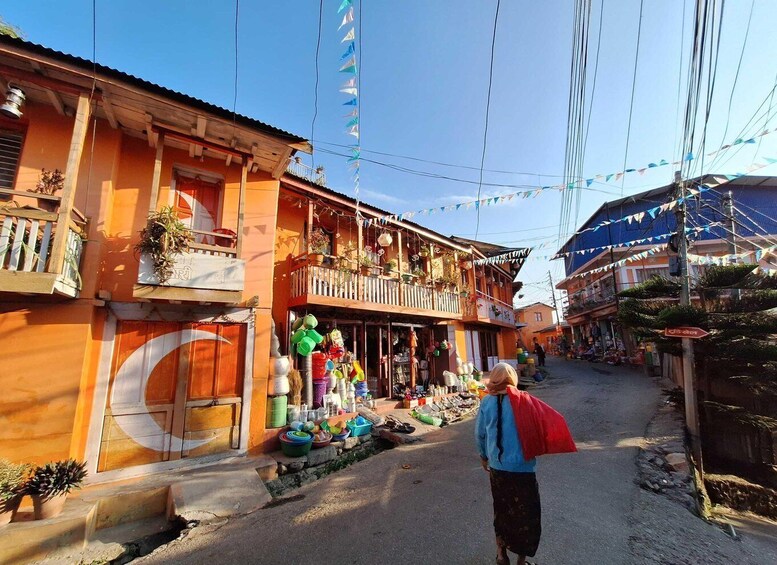 A street with colorful flags, a woman carrying a red bag, and various shops. 3