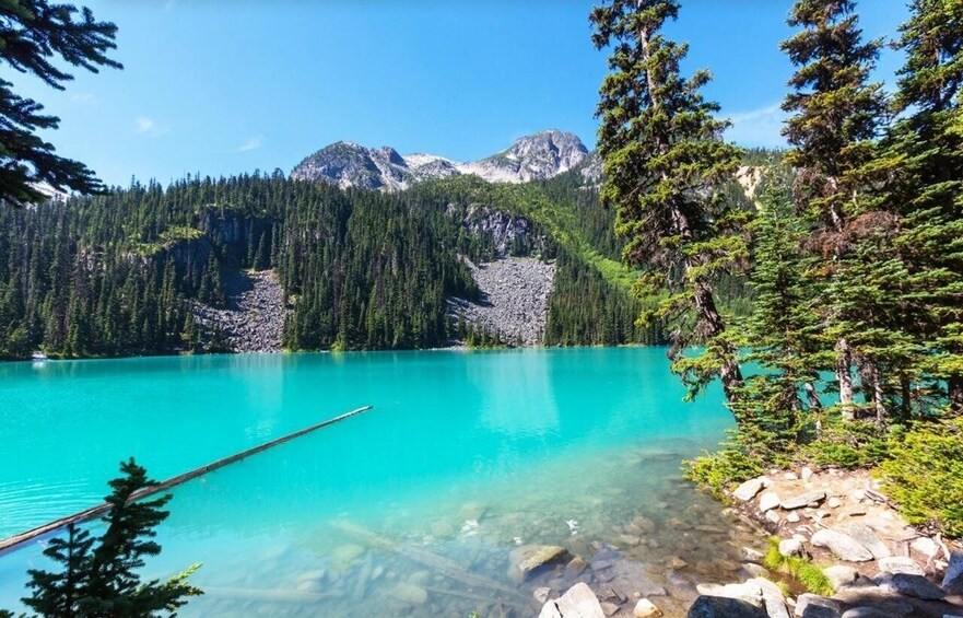 A turquoise lake surrounded by dense forest and mountains. 2