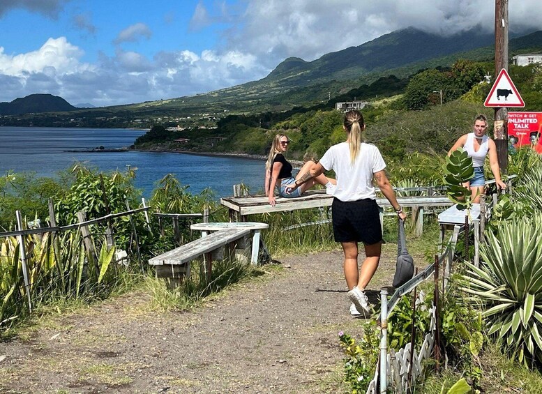A coastal hiking trail with wooden benches and a warning sign for cattle crossing. 5