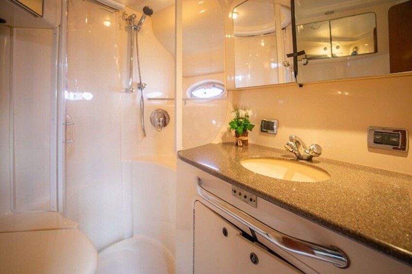 A bathroom with a shower, sink, and mirror. 3