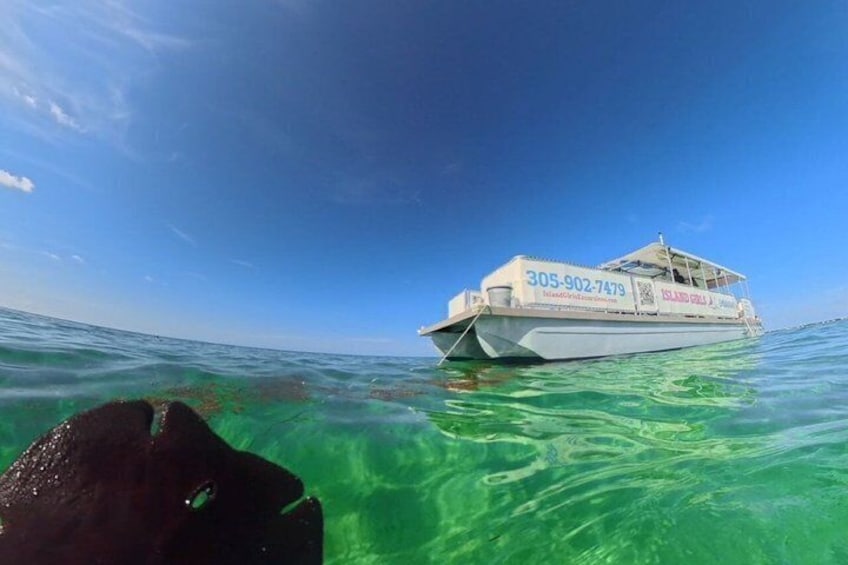 A boat with 'Island Grill' branding and a phone number on its side. 4