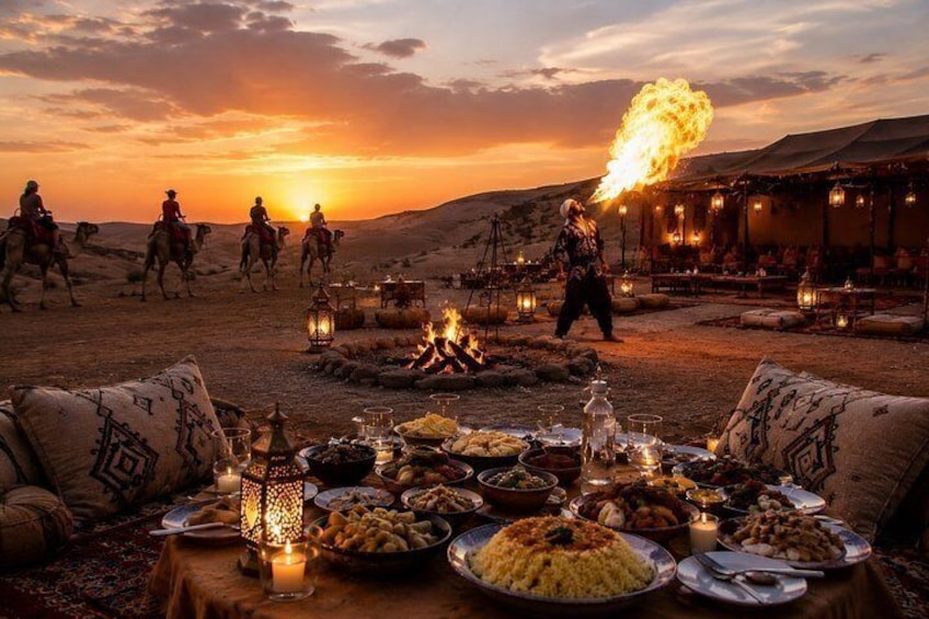Marrakech Agafay Desert Sunset Camel Ride Dinner and Fire Show 1