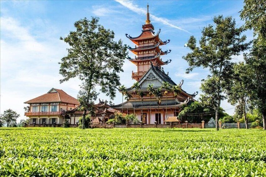 A traditional pagoda with a multi-tiered roof, surrounded by lush greenery and a well-maintained garden. 3