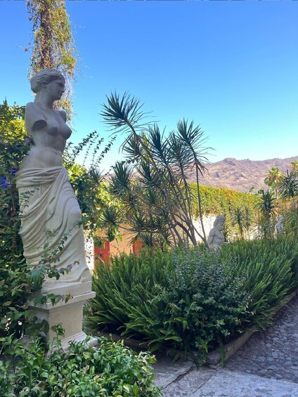 A garden with a statue of a woman, palm trees, and a mountain in the background. 5