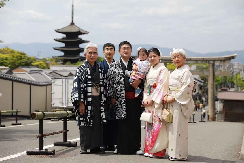 A group of people in traditional Japanese attire standing in front of a pagoda and a torii gate. 5