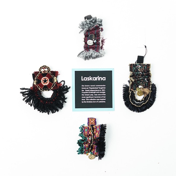 A collection of decorative items with a historical theme, including a central text block about Laskarina. 4