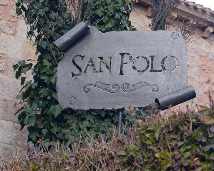 A stone sign with 'SAN POLO' engraved, surrounded by greenery. 3