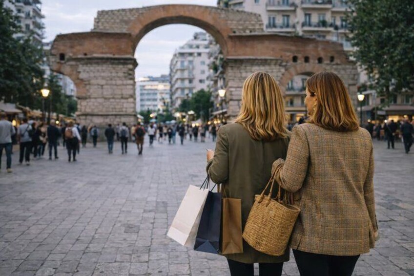 Two women walking in a public square with an archway in the background. 4