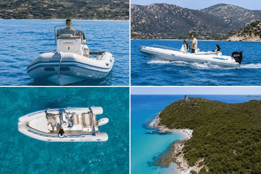 A boat on water, a boat on water, an aerial view of a boat, and a coastal landscape. 2