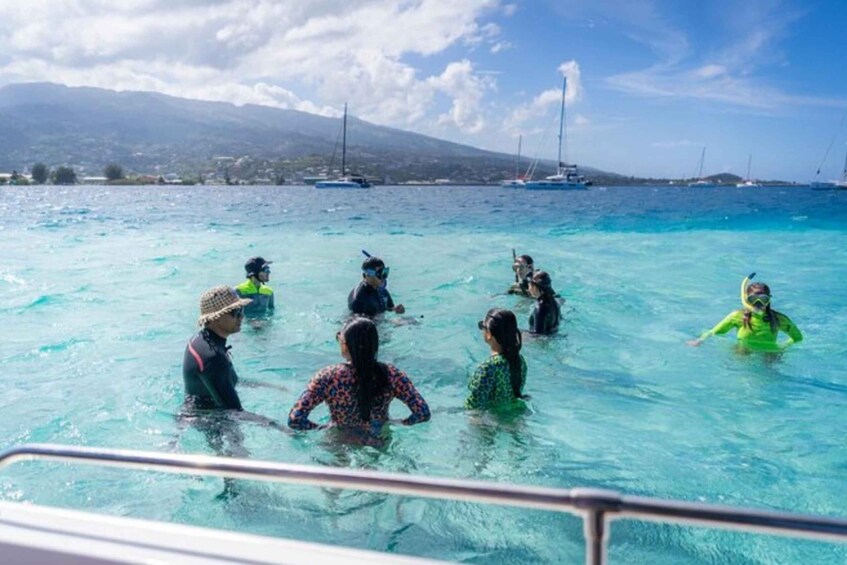 A group of people snorkeling in clear blue water with boats in the background. 4