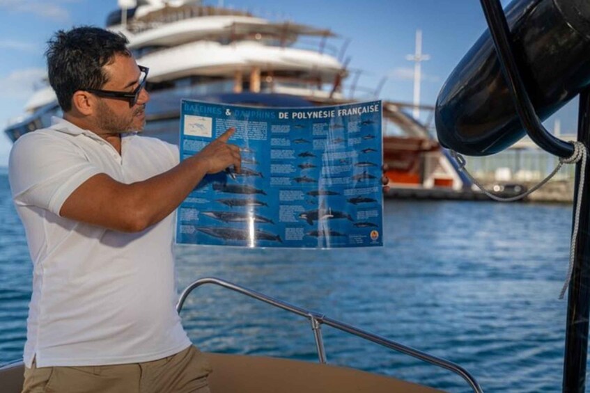 A man pointing at a marine life poster on a boat with a yacht in the background. 5