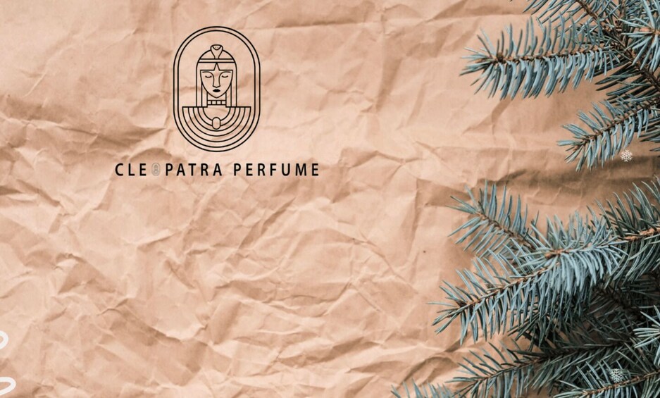 A crumpled paper background with a logo and the text 'CLE PATRIA PERFUME' and pine branches. 4