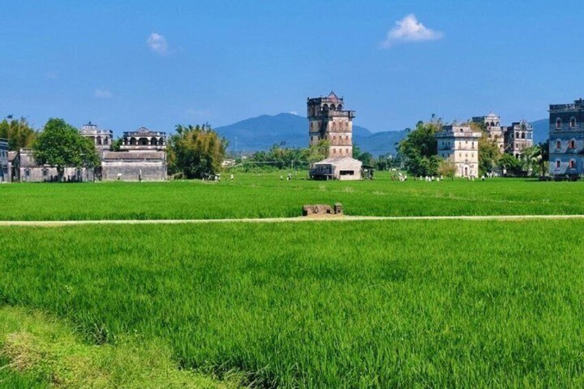 A green field with a tower and buildings in the background. 3
