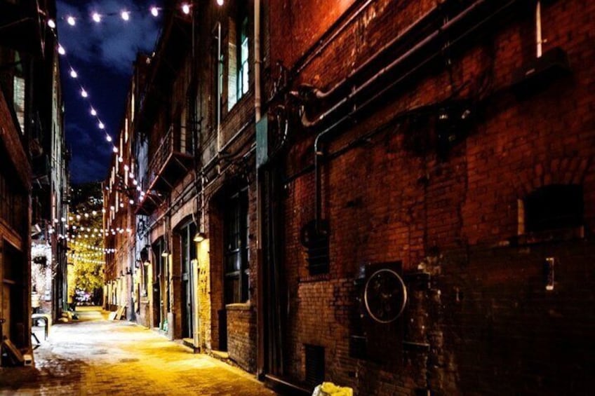 A narrow alleyway with brick buildings, string lights, and a bicycle. 1