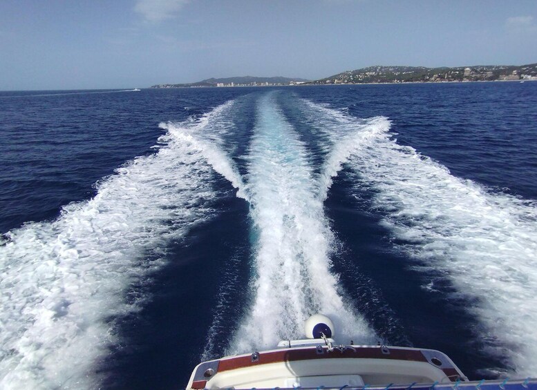 A boat's wake in the ocean with a coastline in the distance. 2