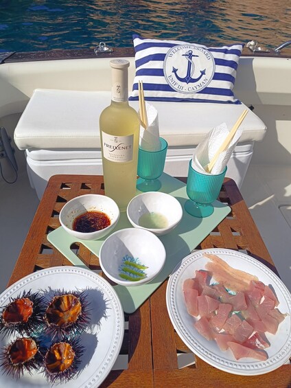 A table with food and drinks on a boat. 3