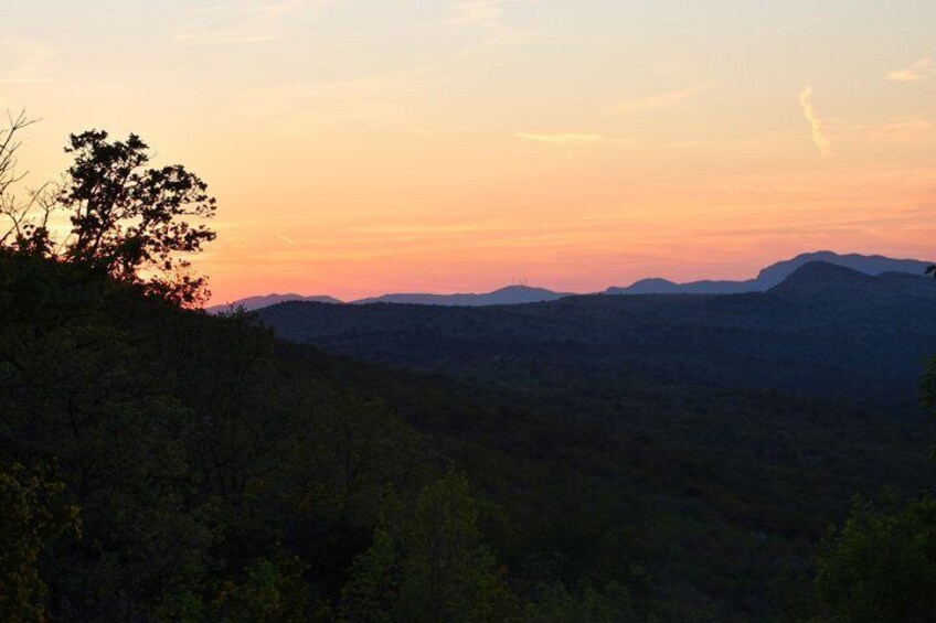 A mountain range at sunset with silhouetted trees. 4