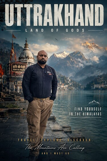 A man standing in front of a temple with a mountainous landscape in the background. 3