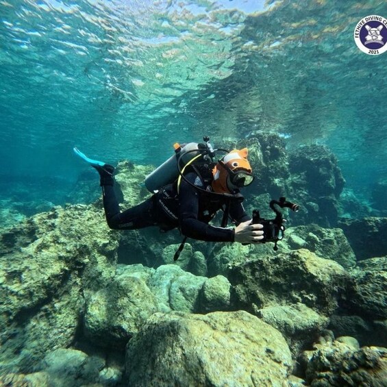 A diver in a black wetsuit with a helmet and oxygen tank, swimming near underwater rocks. 2
