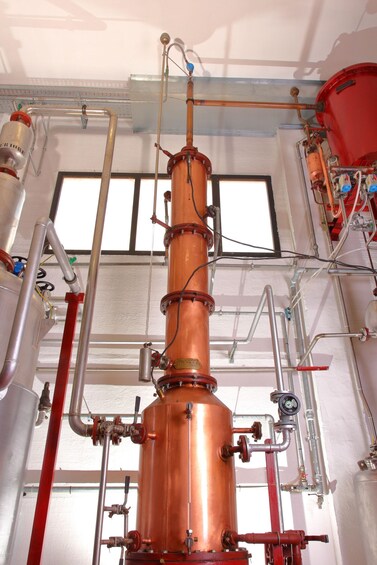 A copper distillation column with pipes and valves, set against a white wall with windows. 3