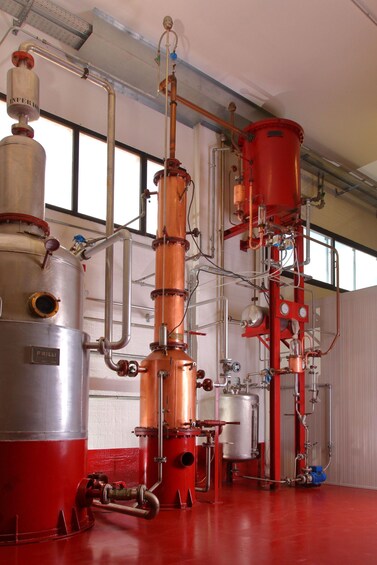 Industrial distillation columns and tanks in a facility. 1