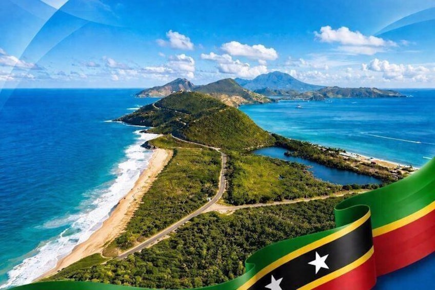A coastal landscape with a beach, forested areas, and a mountain in the distance. 2