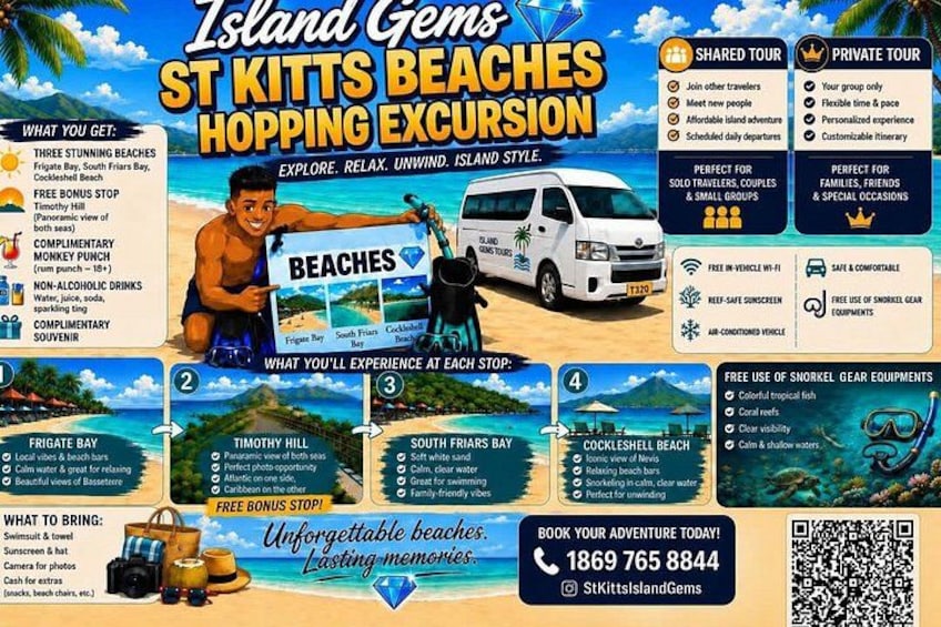 A travel advertisement for Island Gems St Kitts Beaches Hopping Excursion. It features a van, a beach, and a person holding a sign. The van is white with a blue roof. The beach has clear water and white sand. The person is holding a sign with the word 'beaches' on it. 1