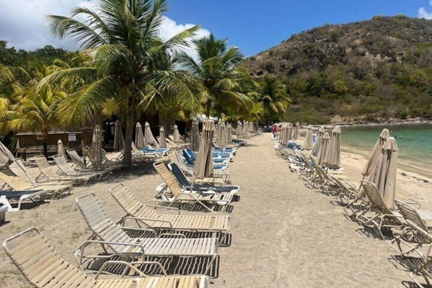 A beach with rows of sun loungers and umbrellas, palm trees, and a hilly landscape in the background. 3