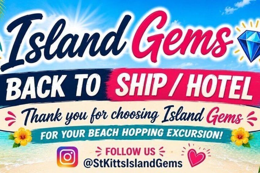 A beach-themed advertisement for Island Gems with a ship and hotel service. 2