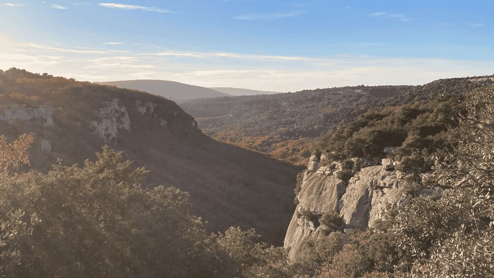 A canyon with steep cliffs and sparse vegetation. 3