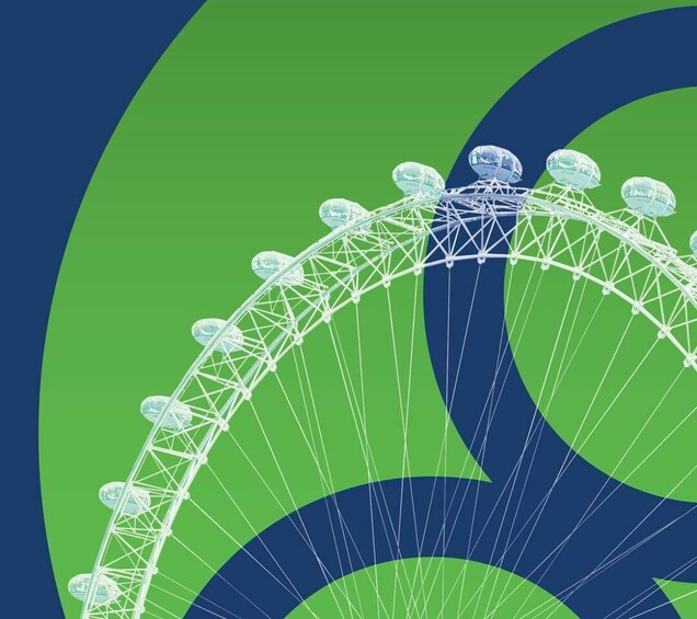 A Ferris wheel with a green and blue background. 5