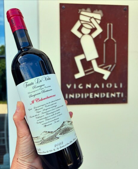 A hand holding a bottle of Tenuta La Viola Romagna wine with a label that includes details about the wine's origin and production. In the background, there is a sign with the text 'VICNAIOLI INDEPENDENTI' and a graphic of a person holding a wine bottle. 2