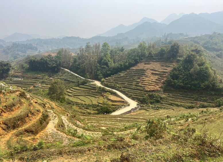 Terraced fields, a winding road, and distant mountains. 1