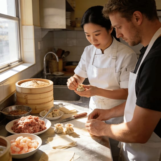 A chef preparing dumplings in a kitchen with various ingredients and cooking utensils. 1