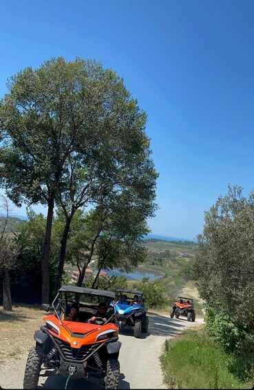 Two off-road vehicles on a dirt path with trees and a distant view of a lake and hills. 2