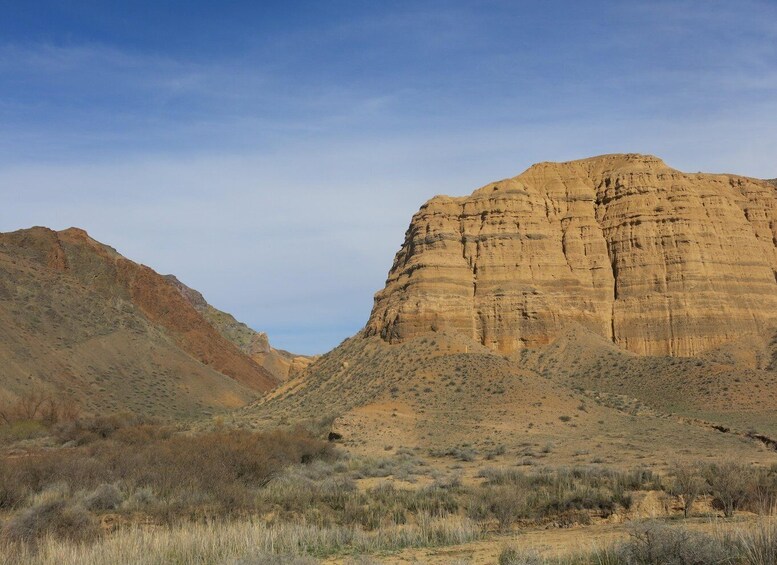 A desert landscape with prominent sandstone cliffs and sparse vegetation. 5