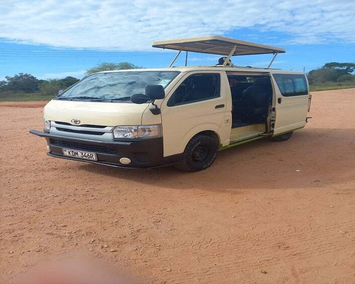 A beige van with a roof rack parked on a dirt road, license plate KDM 346R, with a clear sky and vegetation in the background. 4