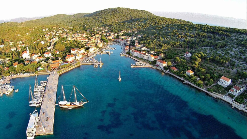 A coastal town with a marina, boats, and houses. 2