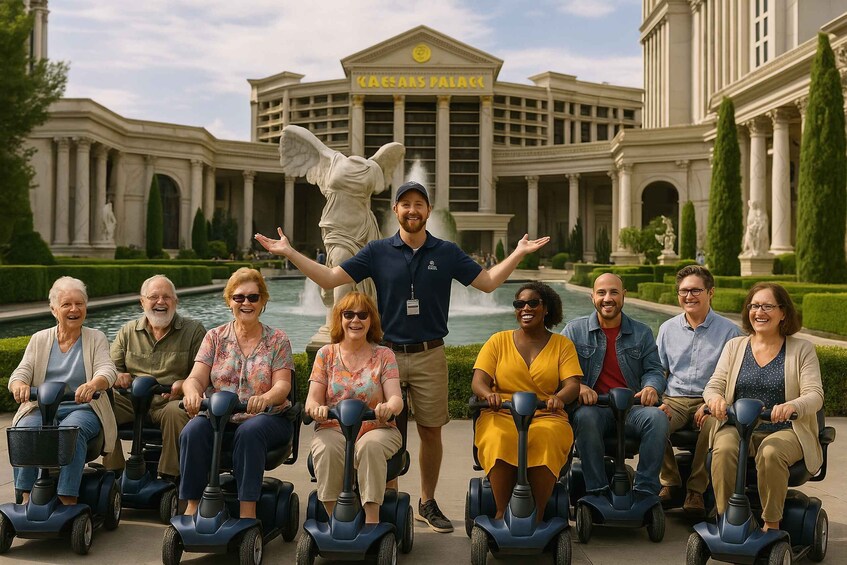 A group of people on electric scooters in front of the Caesars Palace. 5