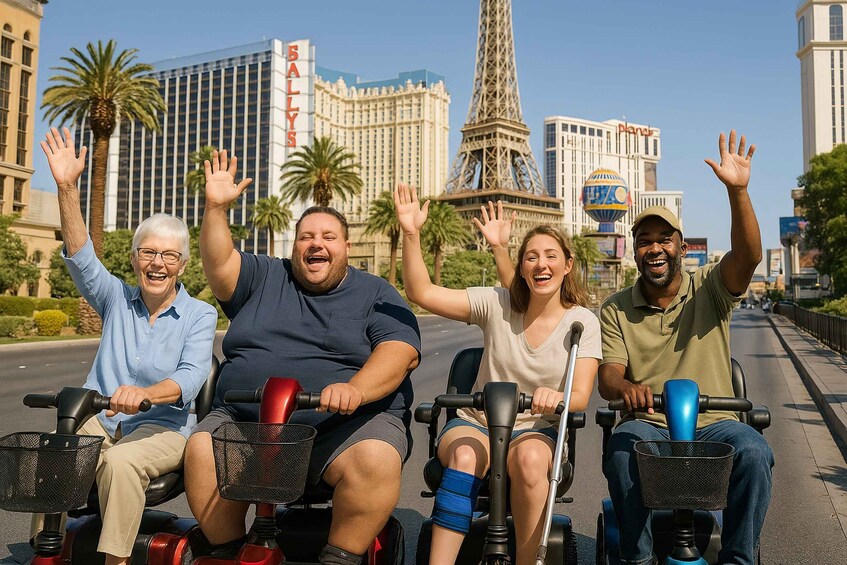 Four people in mobility scooters with raised hands, palm trees, and the Eiffel Tower in the background. 1