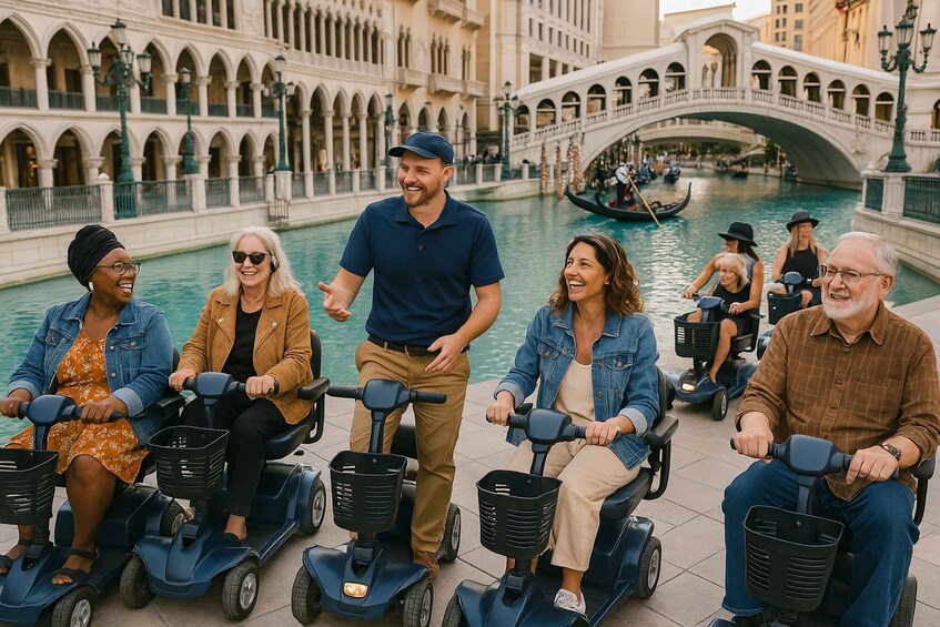 People riding electric scooters in a historic canal area with bridges and gondolas. 4