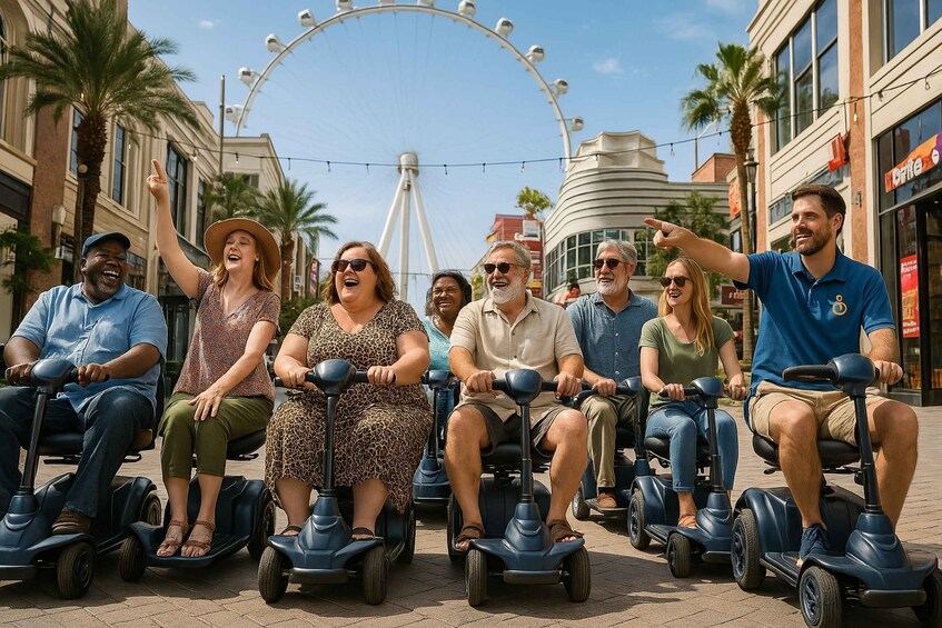 A group of people on electric scooters on a city street with palm trees and a Ferris wheel in the background. 2