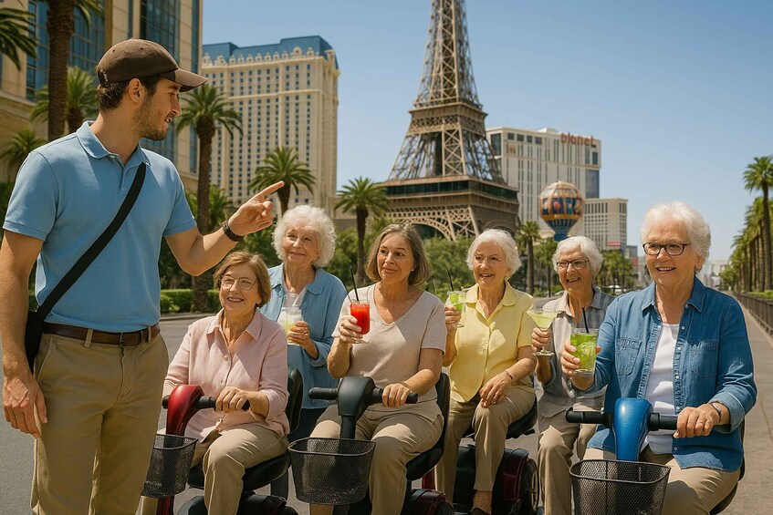 A group of people on electric scooters with a cityscape in the background. 3