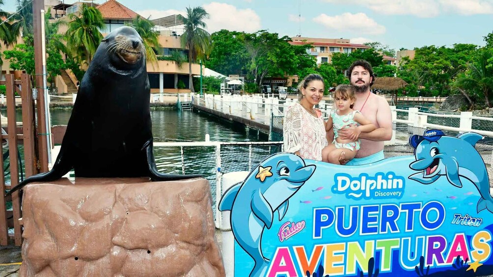 A seal, a family, and a dolphin-themed sign at Puerto Adventures. 1